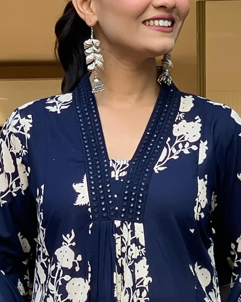 Toochki Kurti Set for Women | Anarkali Fit & Flared Kurtas for Women's | Cotton Kurtis for Woman | Kurta with Palazzo & Dupatta | Ethnic Salwar Suits Sets Navy Blue - Image 3