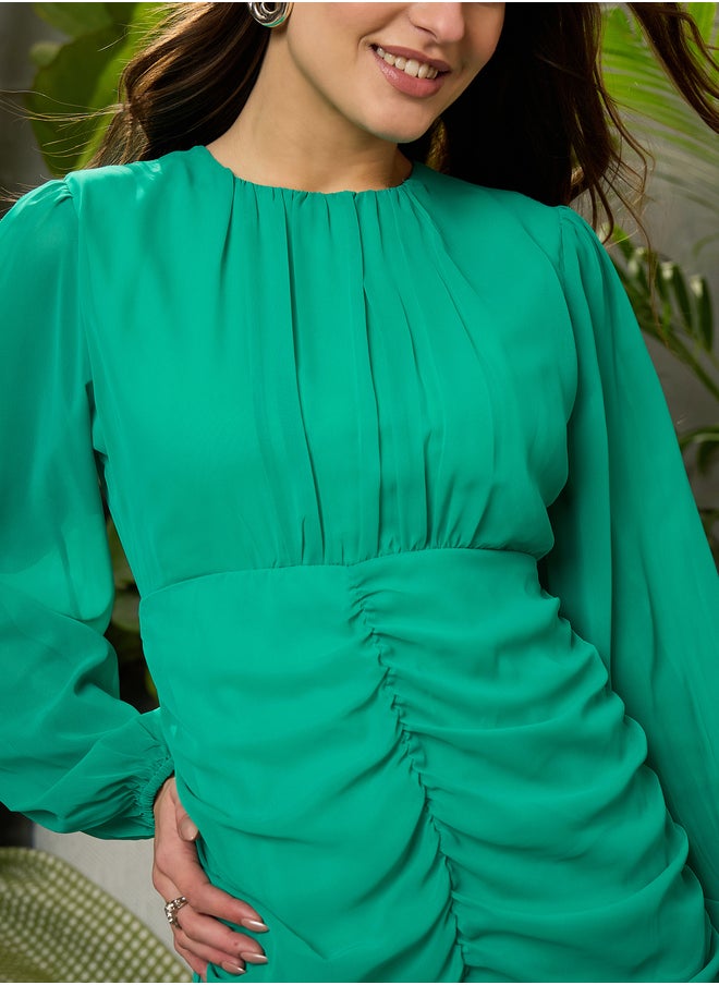 SASSAFRAS Balloon Sleeve Ruched Detail Midi Dress  - Image 4