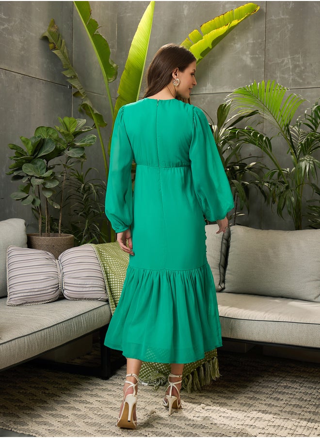 SASSAFRAS Balloon Sleeve Ruched Detail Midi Dress  - Image 5
