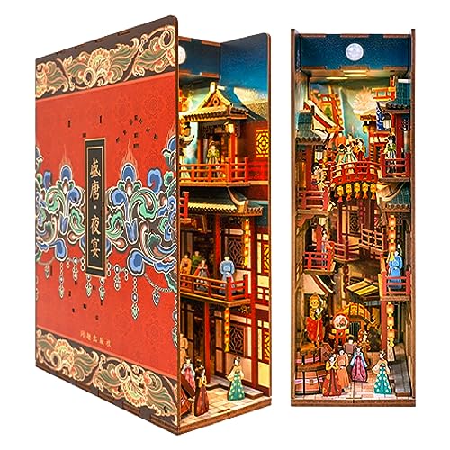 Tonecheer DIY Book Nook Kit for Adults 3D Wooden Puzzle Bookend Bookshelf Insert Library Decor Chinese Booknook Miniature House Kit with Body Motion Sensor LED Light The Banquet of Tang Dynasty - Image 1