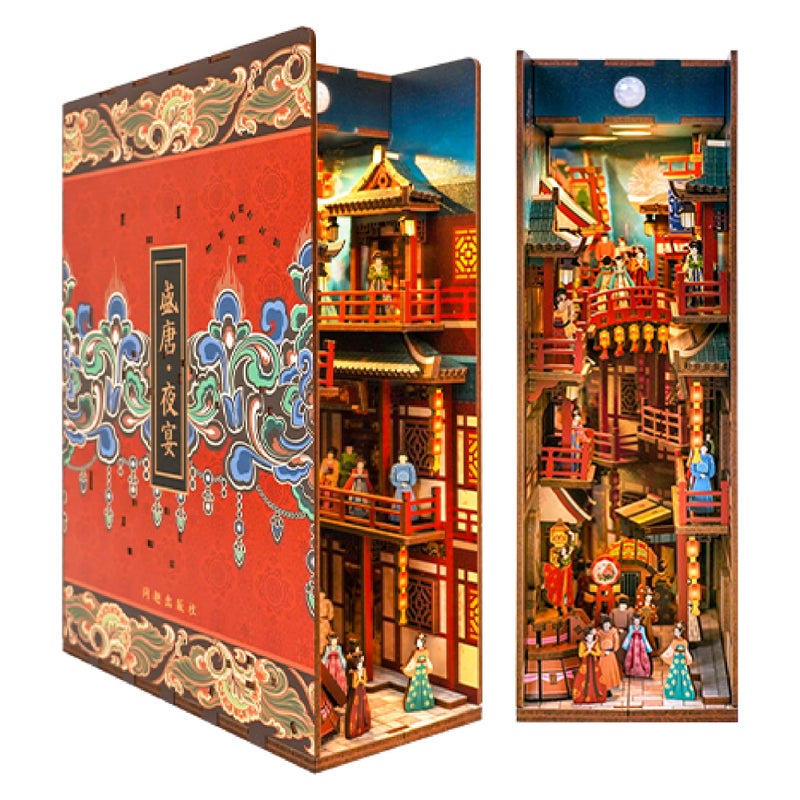 Tonecheer DIY Book Nook Kit for Adults 3D Wooden Puzzle Bookend Bookshelf Insert Library Decor Chinese Booknook Miniature House Kit with Body Motion Sensor LED Light The Banquet of Tang Dynasty - Image 3