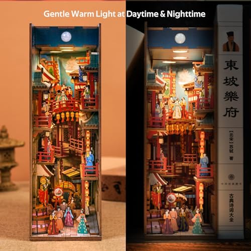 Tonecheer DIY Book Nook Kit for Adults 3D Wooden Puzzle Bookend Bookshelf Insert Library Decor Chinese Booknook Miniature House Kit with Body Motion Sensor LED Light The Banquet of Tang Dynasty - Image 5