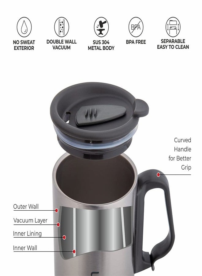 DUBBLIN Refresh Stainless Steel Unbreakable Tea Coffee Mug Double Wall with Handle and Lid, Wide Mouth Mug Keeps Beverages Hot & Cold 350 ML Silver - Image 2