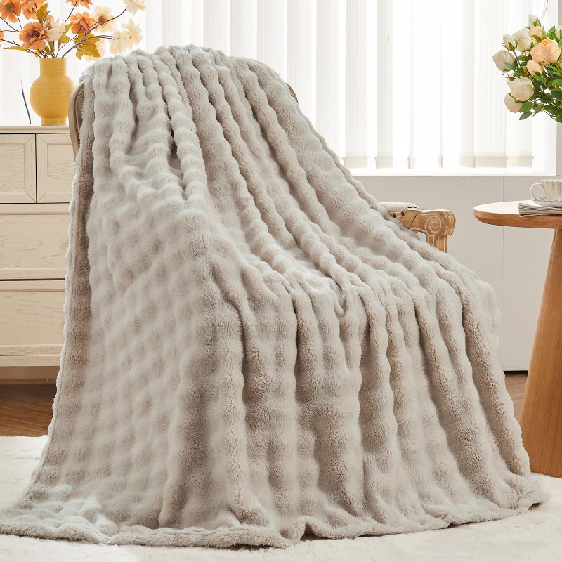 NEWCOSPLAY Twin Blanket for Couch Linen Super Soft Flannel Fleece 3D Bubble Lightweight Bed Blanket All Season Use (Linen  Twin(60 ""x80 "")) - Image 1