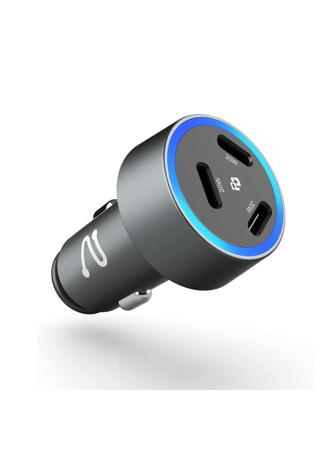 شاحن سيارة Aergiatech بقوة 60 واط بمنفذ USB-C ثلاثي المنافذ - محول شحن سريع PD 3.0، ثلاثة منافذ إخراج من النوع C (20 واط لكل منها) لأجهزة iPhone وSamsung وiPad - Image 1