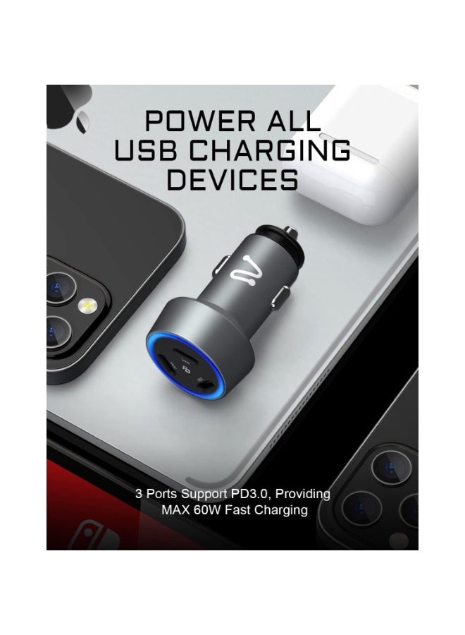 شاحن سيارة Aergiatech بقوة 60 واط بمنفذ USB-C ثلاثي المنافذ - محول شحن سريع PD 3.0، ثلاثة منافذ إخراج من النوع C (20 واط لكل منها) لأجهزة iPhone وSamsung وiPad - Image 5