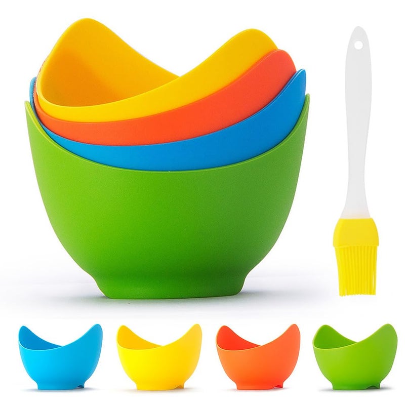 Mikim Silicone Egg Poacher Cups with Ring Standers Nonstick Egg Poaching Cup for Stovetop Air Fryer Cooking BPA Free 4 Pack with Extra Oil Brush