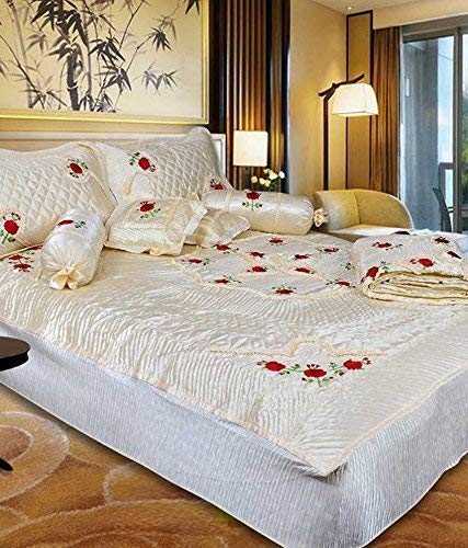 FABDESIGN QUILTS FABDESIGN QUILTS Rajasthan Floral Embroidery Satin Double Bed Bedding Set 1 Bedsheet 2 Pillow Cover 2 Filled Cushion 2 Filled Bolsters 1 AC Comforter Set of 8 Pieces  - Image 1