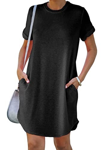 YEXIPO Women's Casual Summer Short Sleeve T Shirt Dress Nightgown Crew Neck Loose Solid Color Basic Dresses with Pockets - Image 4