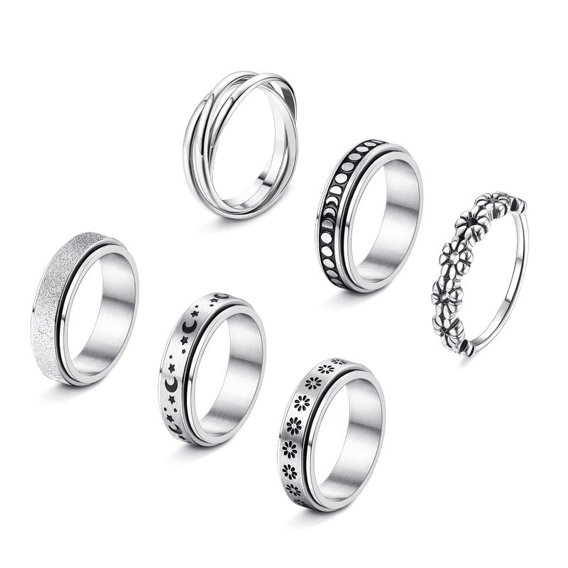 FUNRUN JEWELRY 6Pcs Stainless Steel Fidget Anxiety Ring for Women Men Fidget Spinner Rings Moon Star Celtic Stress Relieving Spinning Ring Wedding Band Rings Set Size 9 - Image 1