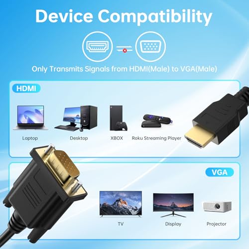 Tobfit HDMI to VGA Cable 1M, Uni-Directional 1080P 60Hz HDMI to VGA Digital Video Converter Cable, HDM I Output to VG A Input Converter Cord [Male to Male] for Projector, Desktop, Laptop, Monitor,HDTV - Image 3