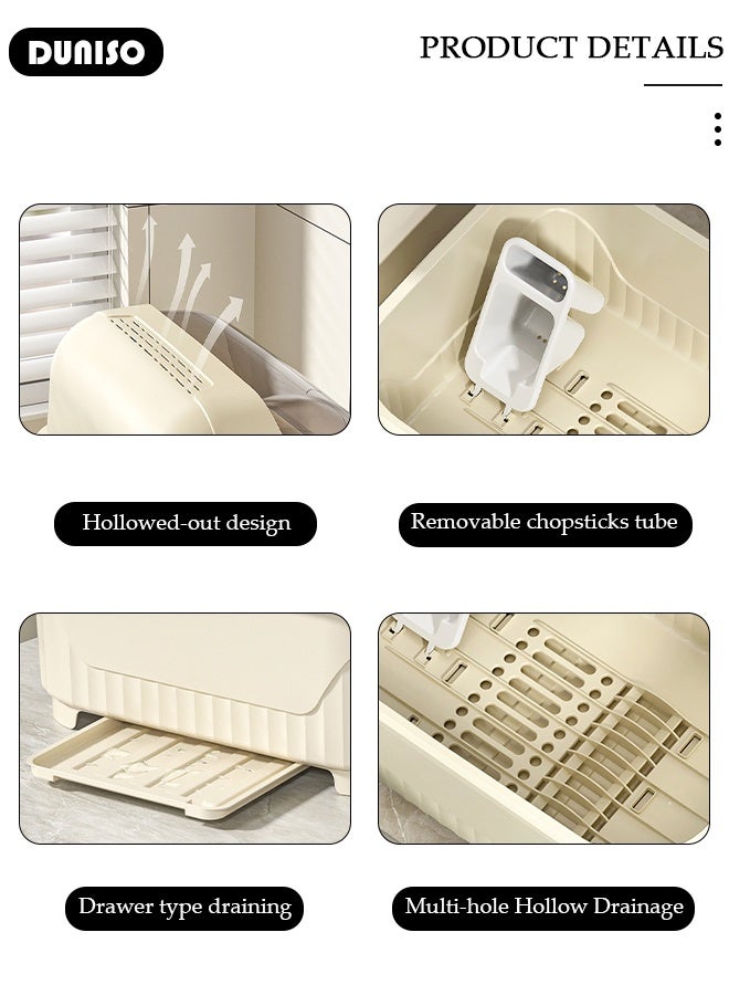 DUNISO Drying Rack Storage Box Large Dish Racks Organizers with Cover Lid and Drainboard,Tableware Storage Box for Kitchen Counter Cabinets Space Saver Organizer Multifunctional Kitchen Counter Organizers Storage Rack for Dish, Knives, Cup and Cutting Board Dish Drainer Dish Drying Rack - Image 5
