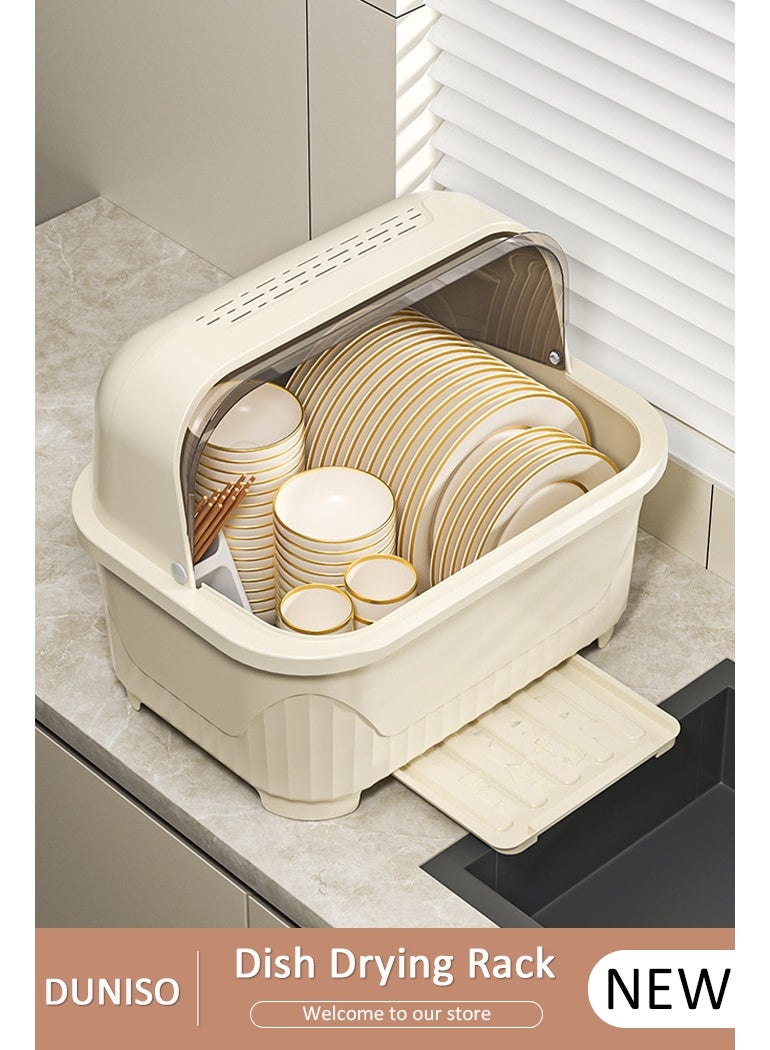 DUNISO Drying Rack Storage Box Large Dish Racks Organizers with Cover Lid and Drainboard,Tableware Storage Box for Kitchen Counter Cabinets Space Saver Organizer Multifunctional Kitchen Counter Organizers Storage Rack for Dish, Knives, Cup and Cutting Board Dish Drainer Dish Drying Rack - Image 1