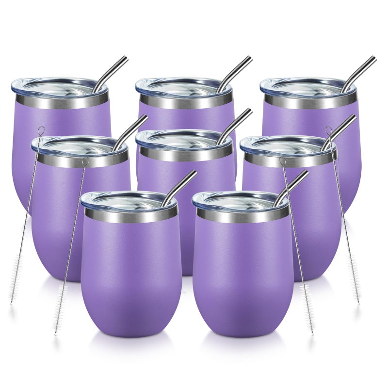 COMOOO Stainless Steel Wine Tumbler Bulk with Lid and Straw 12oz Double Wall Vacuum Insulated Travel Tumbler Cup Stemless for Hot and Cold Drinks Coffee Wine Cocktails Light Purple 8 Pack