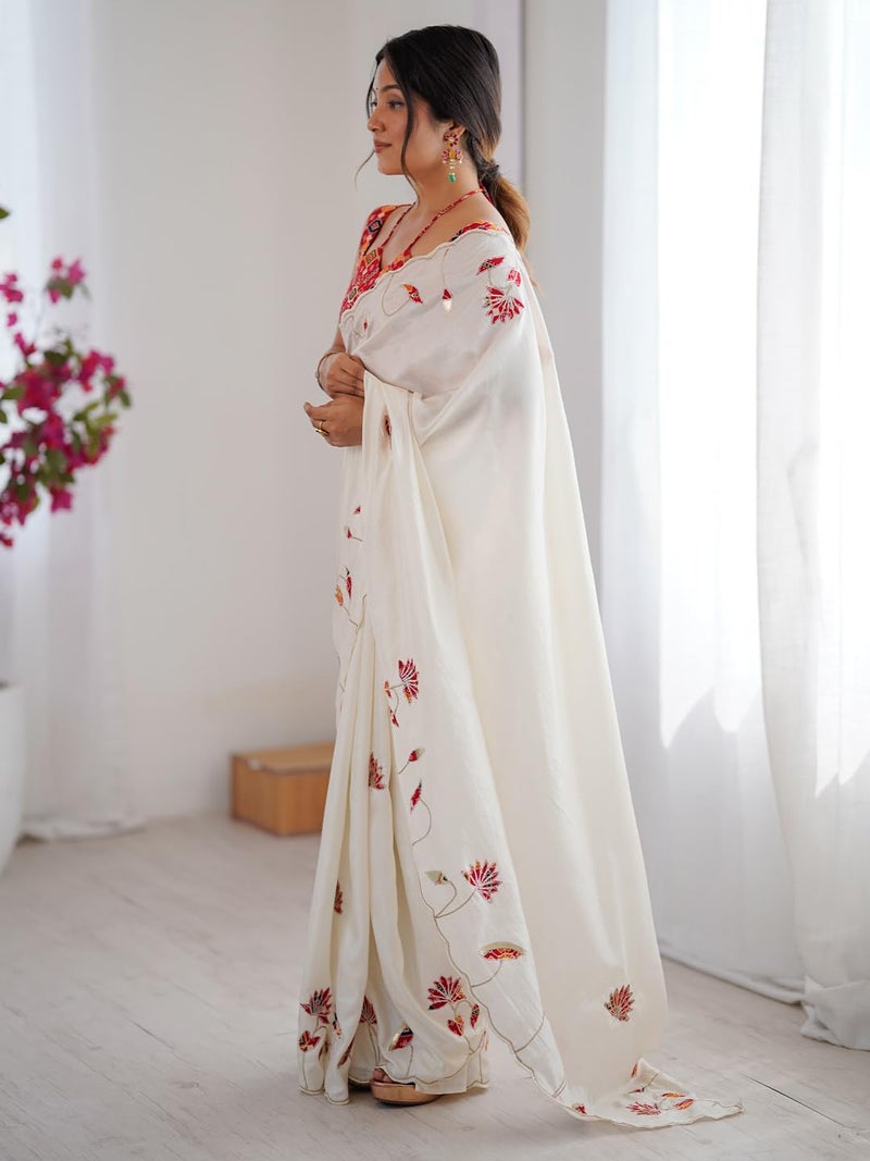 saree mall ساري مول للنساء - ساري دولا من الحرير الأبيض المزخرف مع قطعة بلوزة غير مخيطة (NILAM8001_NM) - Image 5