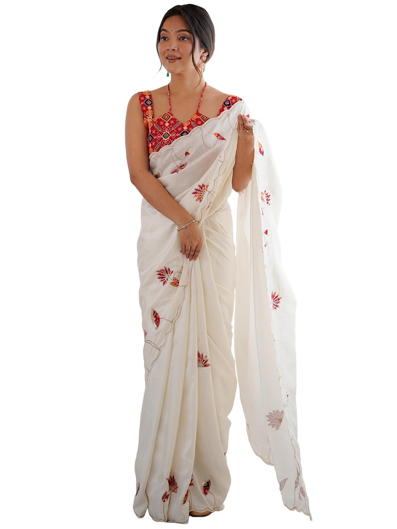 saree mall ساري مول للنساء - ساري دولا من الحرير الأبيض المزخرف مع قطعة بلوزة غير مخيطة (NILAM8001_NM) - Image 1