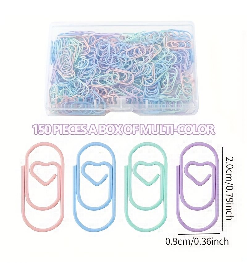 Yellow Heart Shaped Paper Clips 150 Pieces Per Box Multi Color Metal Paper Clips For Student Handbooks Message Tags Scrapbook Bookmarks Plastic Box Packaging - Image 1