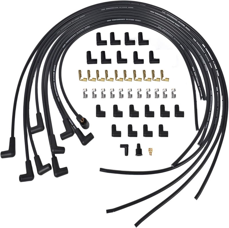 RLP مجموعة أسلاك شمعات الإشعال العالمية RLP HEI بقطر 8 مم مع غلاف سيليكون أسود وأحذية بزاوية 90 درجة - Image 1