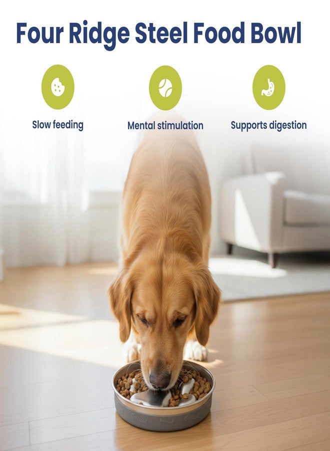 PawsPik Stainless Steel Slow Feeder Dog Bowl - 4 Cup Capacity, 18/8 Food-Grade Metal, Anti-Slip Silicone Base, Four-Ridge Design for Slow Eating & Improved Digestion - Image 2