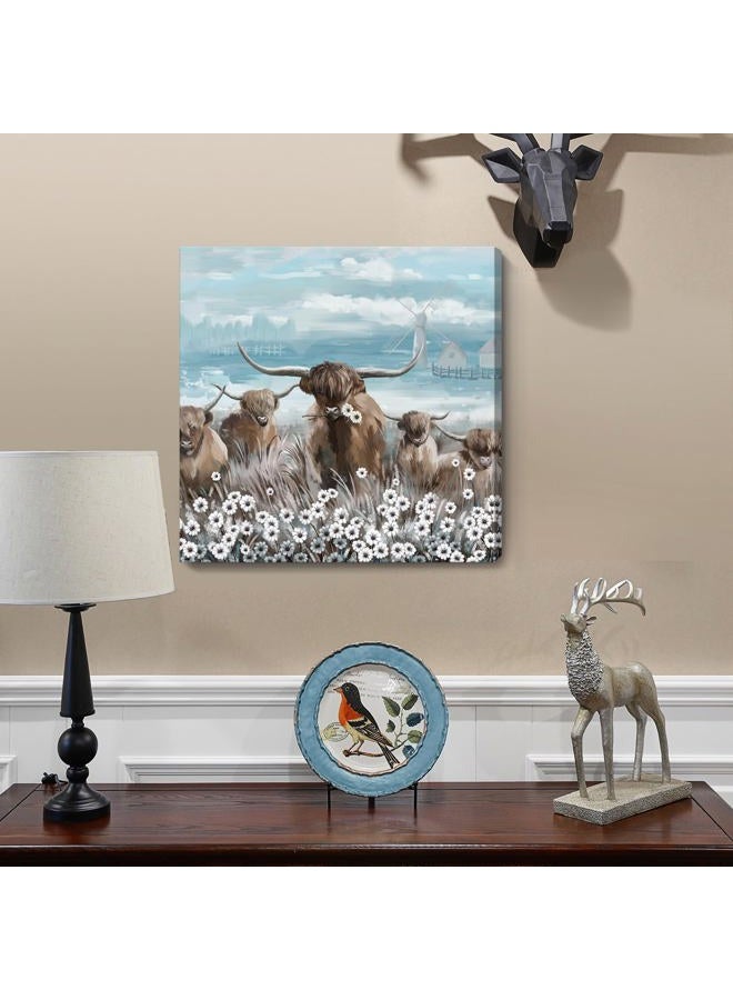 amatop Canvas Wall Art Bathroom Coastal Boho Farmhouse Highland Cow Flower Picture Floral Artwork Rustic Country Landscape Longhorn Animal Painting for Living Room Bedroom Kitchen Décor Blue Brown Small - Image 3