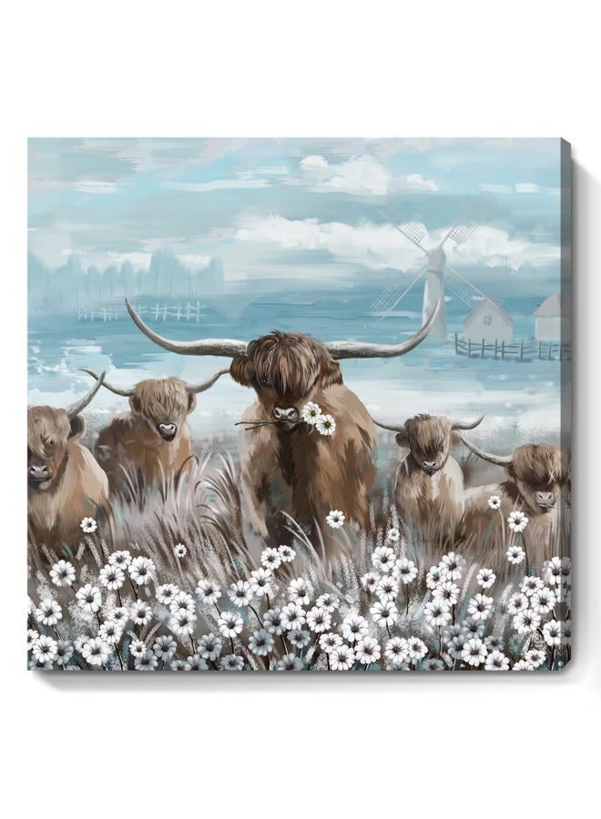 amatop Canvas Wall Art Bathroom Coastal Boho Farmhouse Highland Cow Flower Picture Floral Artwork Rustic Country Landscape Longhorn Animal Painting for Living Room Bedroom Kitchen Décor Blue Brown Small - Image 1