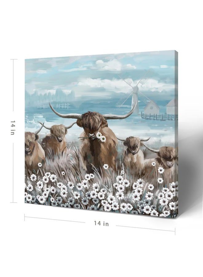 amatop Canvas Wall Art Bathroom Coastal Boho Farmhouse Highland Cow Flower Picture Floral Artwork Rustic Country Landscape Longhorn Animal Painting for Living Room Bedroom Kitchen Décor Blue Brown Small - Image 2