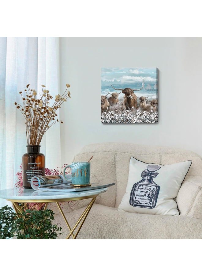 amatop Canvas Wall Art Bathroom Coastal Boho Farmhouse Highland Cow Flower Picture Floral Artwork Rustic Country Landscape Longhorn Animal Painting for Living Room Bedroom Kitchen Décor Blue Brown Small - Image 4