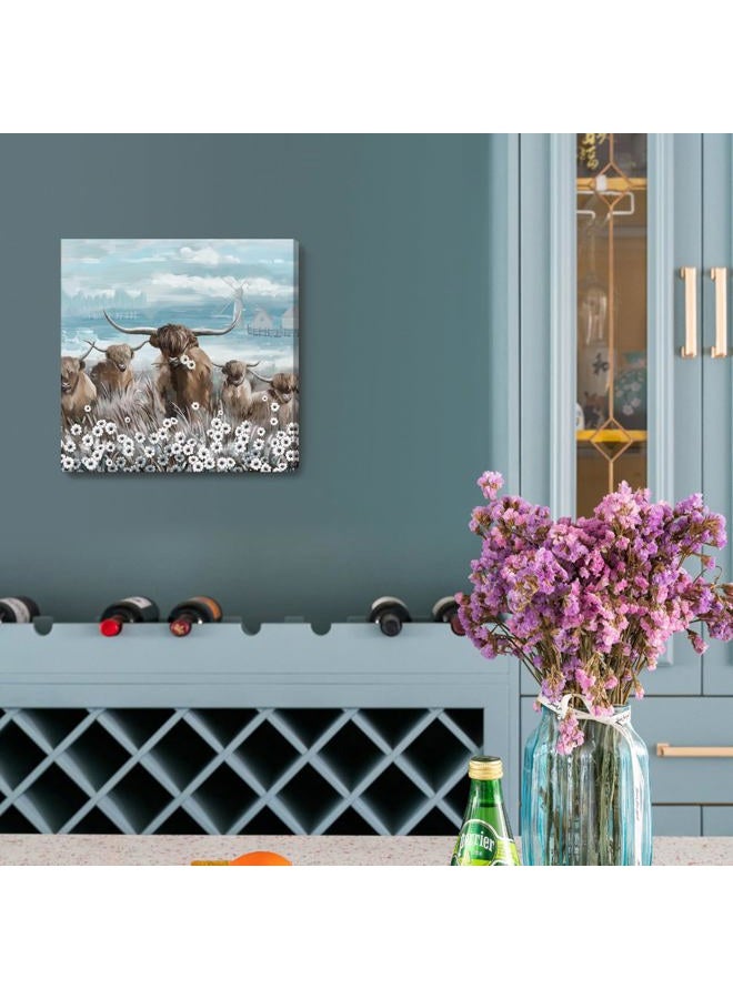 amatop Canvas Wall Art Bathroom Coastal Boho Farmhouse Highland Cow Flower Picture Floral Artwork Rustic Country Landscape Longhorn Animal Painting for Living Room Bedroom Kitchen Décor Blue Brown Small - Image 5