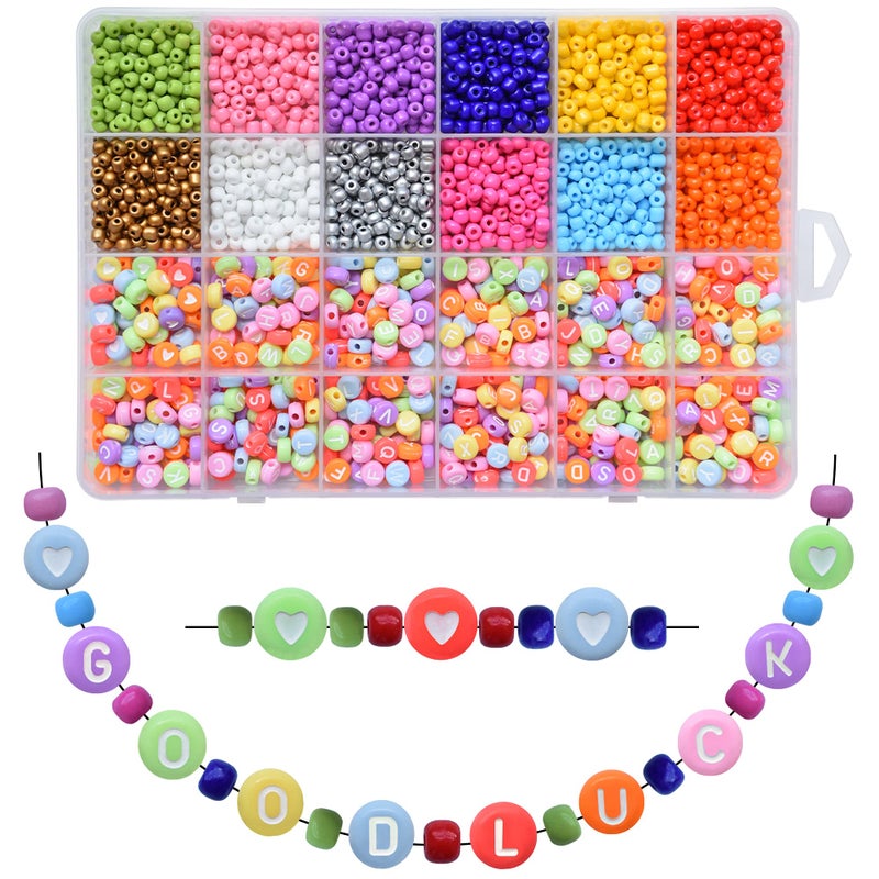 FEILIBAY 2770Pcs 4 x 7mm Colored Round Acrylic with White Letter Alphabet Beads Heart Beads Pony Seed Beads for Making Jewelry Necklaces Bracelets Colored BeadWhite Letter027