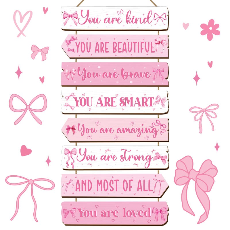 Qunclay Inspirational Girl Room Decor Aesthetic Art Wall Hanging Sign Inspiring Colorful Rainbow Wooden Decoration for Kids Toddler Boy Baby Bedroom Nursery Dorm Decor, 6-12 Years (Pink Bow) - Image 1