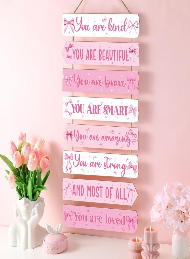 Qunclay Inspirational Girl Room Decor Aesthetic Art Wall Hanging Sign Inspiring Colorful Rainbow Wooden Decoration for Kids Toddler Boy Baby Bedroom Nursery Dorm Decor, 6-12 Years (Pink Bow) - Image 4