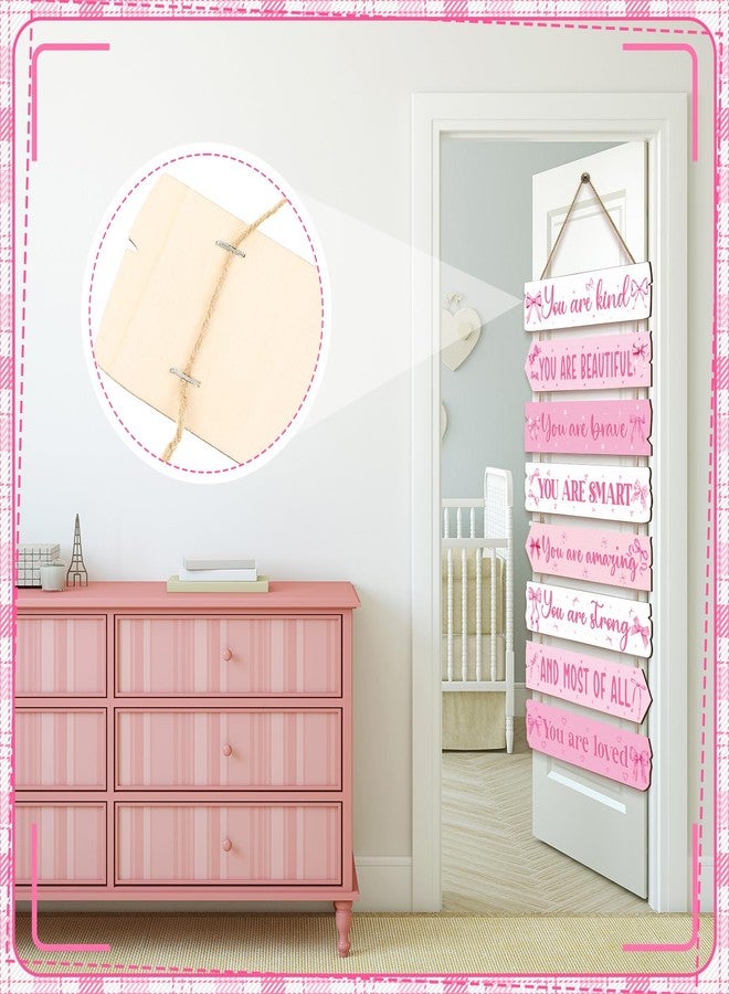 Qunclay Inspirational Girl Room Decor Aesthetic Art Wall Hanging Sign Inspiring Colorful Rainbow Wooden Decoration for Kids Toddler Boy Baby Bedroom Nursery Dorm Decor, 6-12 Years (Pink Bow) - Image 3