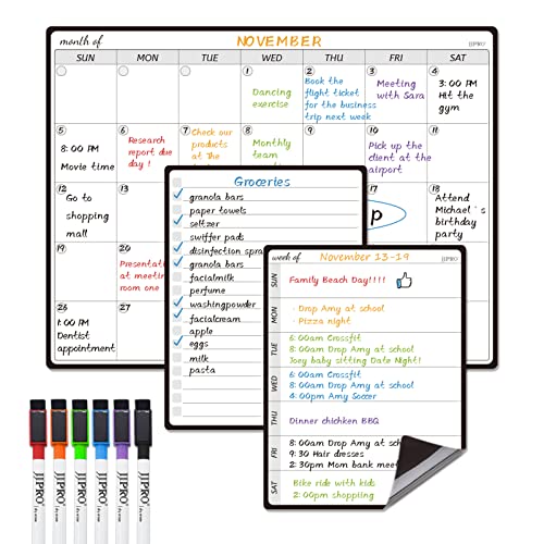JJPRO Magnetic Monthly Calendar Whiteboard Set for Fridge-Monthly Planning Board and Two Bonus Dry Erase Grocery Board&Weekly Menu Board-Meal Planner Whiteboard/to-Do List-6 Markers - Image 1