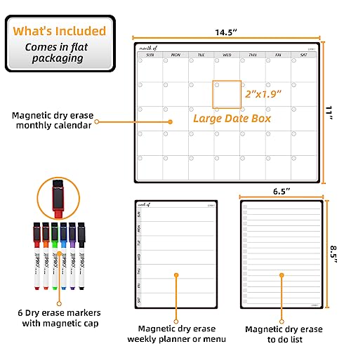 JJPRO Magnetic Monthly Calendar Whiteboard Set for Fridge-Monthly Planning Board and Two Bonus Dry Erase Grocery Board&Weekly Menu Board-Meal Planner Whiteboard/to-Do List-6 Markers - Image 2