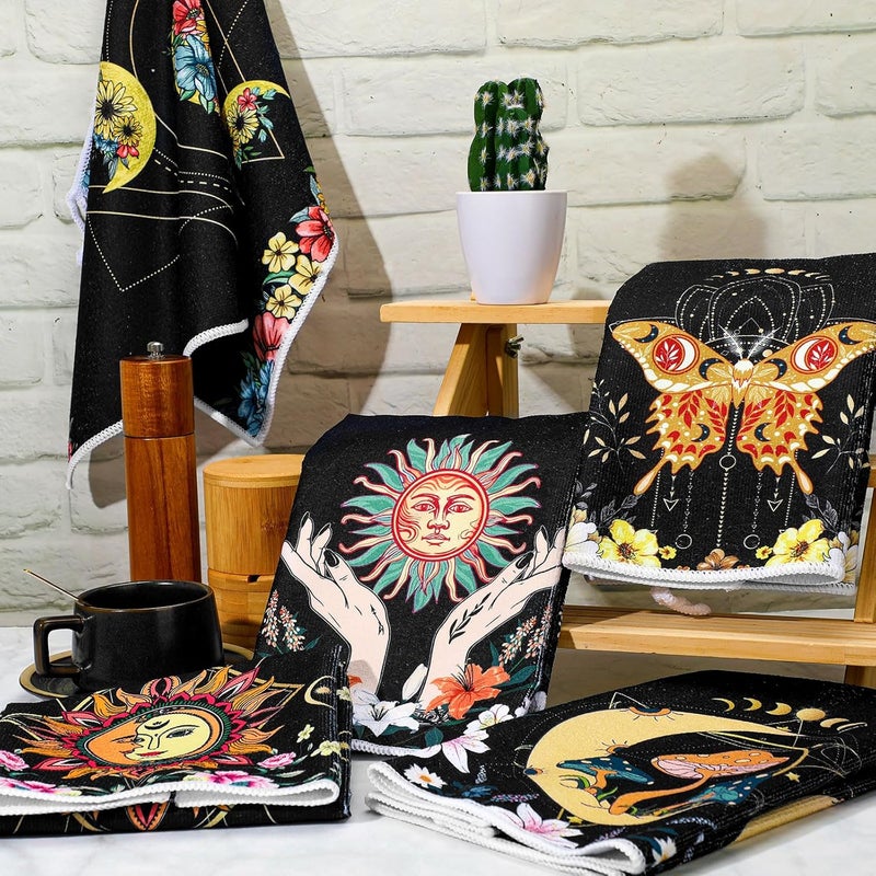 Boyiee Set of 6 Witchy Kitchen Towels Boho Tea Towels Absorbent Mushroom Floral Dish Towels 24 x 16'' Gothic Dish Towels Sun Moon Star Butterfly Hand Towels Gifts for Farmhouse Kitchen Bathroom - Image 2