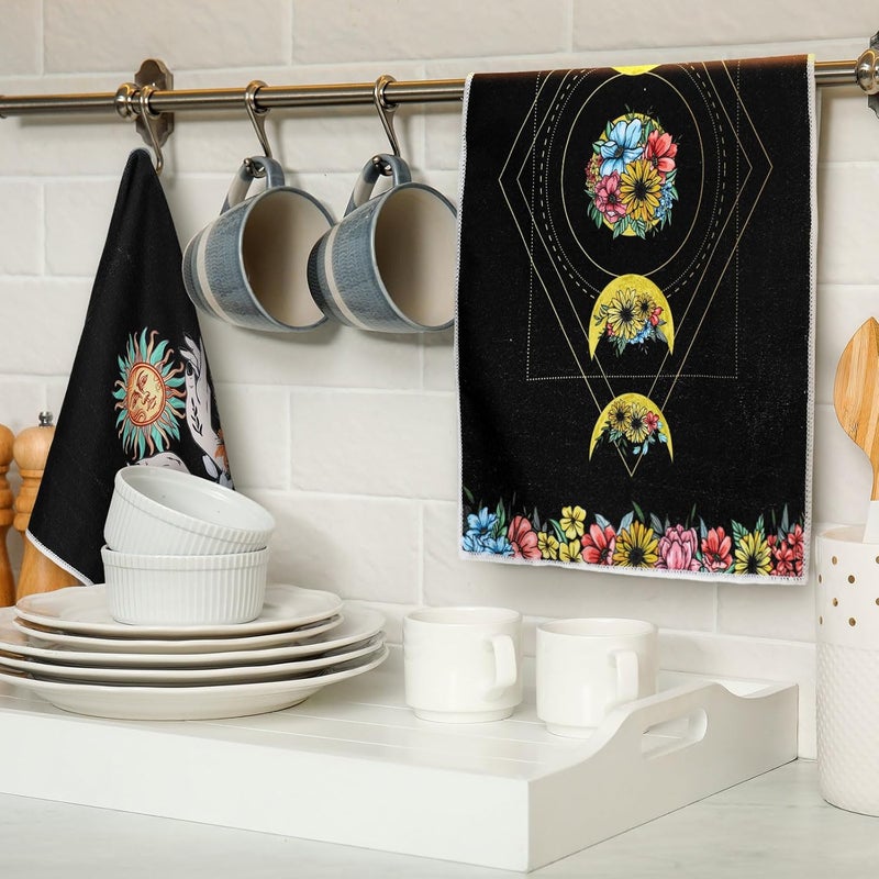 Boyiee Set of 6 Witchy Kitchen Towels Boho Tea Towels Absorbent Mushroom Floral Dish Towels 24 x 16'' Gothic Dish Towels Sun Moon Star Butterfly Hand Towels Gifts for Farmhouse Kitchen Bathroom - Image 3