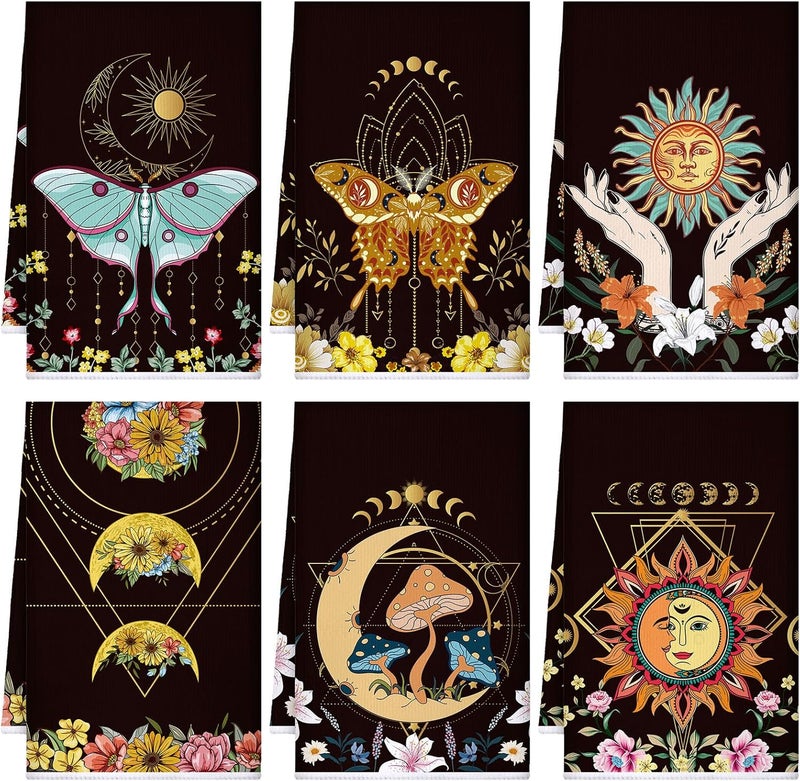 Boyiee Set of 6 Witchy Kitchen Towels Boho Tea Towels Absorbent Mushroom Floral Dish Towels 24 x 16'' Gothic Dish Towels Sun Moon Star Butterfly Hand Towels Gifts for Farmhouse Kitchen Bathroom - Image 1