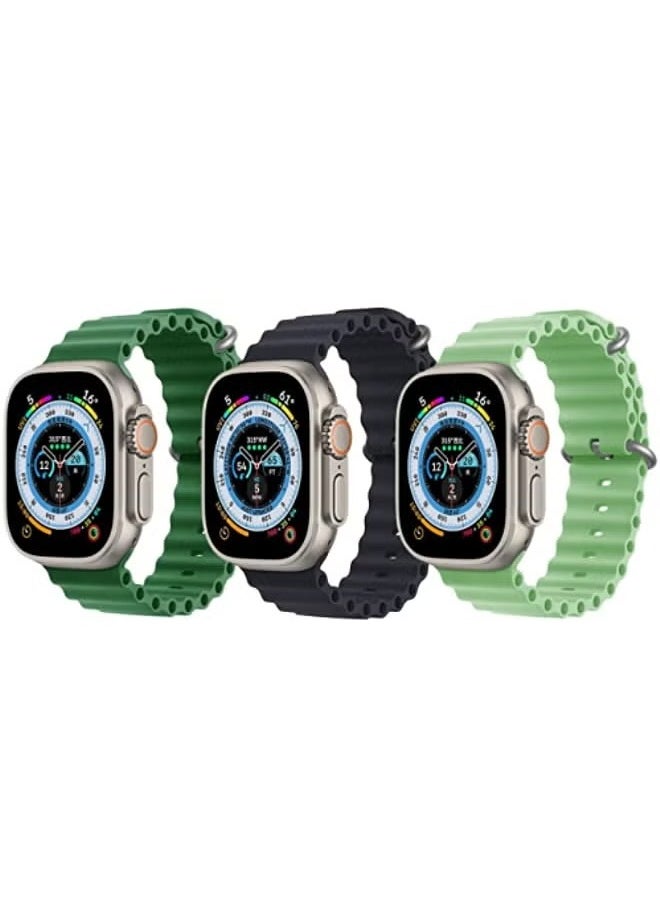 vesus - Silicone Ocean Band Strap Green , Silicone Ocean Band Strap Black and Silicone Ocean Band Strap Mint Green for Apple Watch Ultra 8 49mm Set of 3 - Image 1