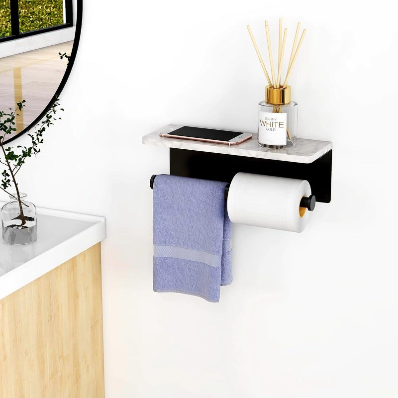Nodafuer Toilet Paper Holder with Natural Marble Shelf for Bathroom Washroom Wall Mounted Tissue Holder Suitable for Mega Roll (Matte Black  Large 11.8 * 4.7) - Image 3