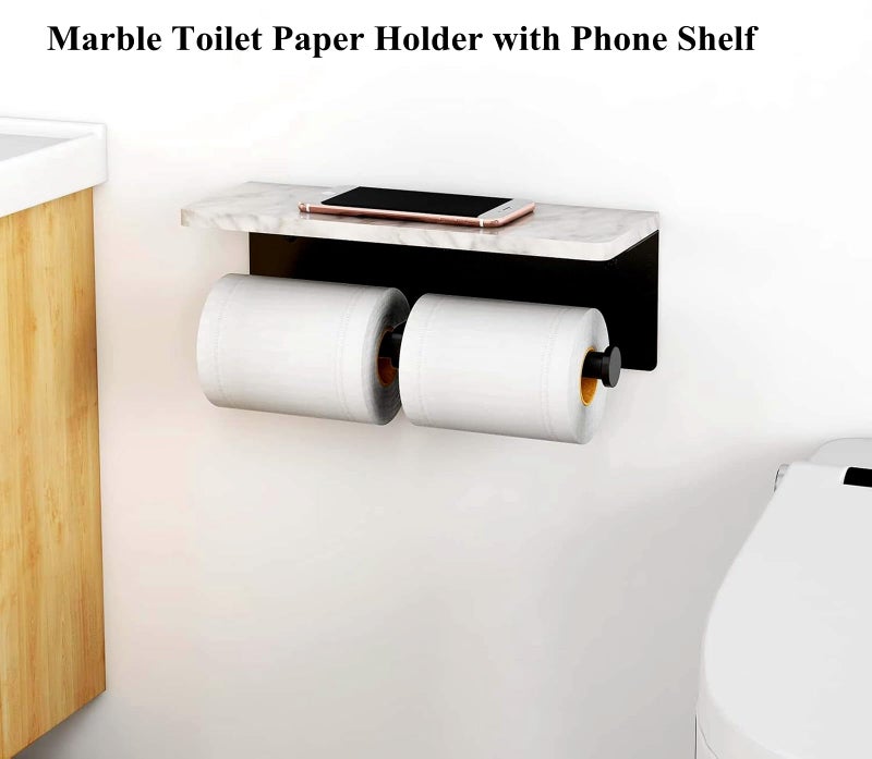 Nodafuer Toilet Paper Holder with Natural Marble Shelf for Bathroom Washroom Wall Mounted Tissue Holder Suitable for Mega Roll (Matte Black  Large 11.8 * 4.7) - Image 2