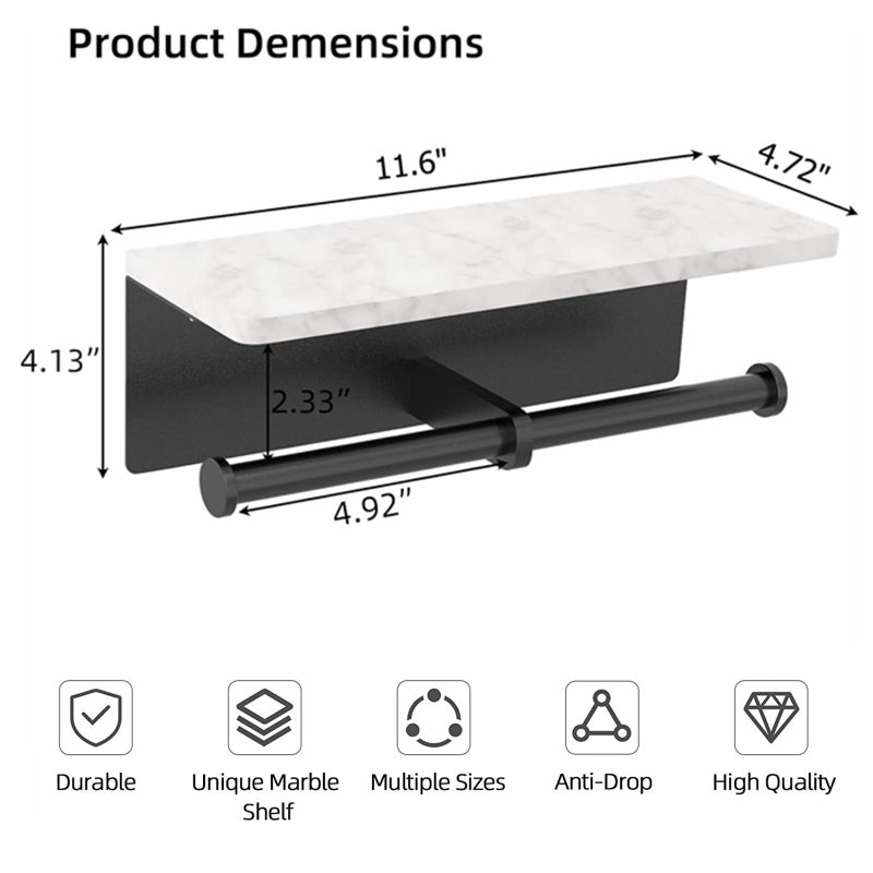 Nodafuer Toilet Paper Holder with Natural Marble Shelf for Bathroom Washroom Wall Mounted Tissue Holder Suitable for Mega Roll (Matte Black  Large 11.8 * 4.7) - Image 4