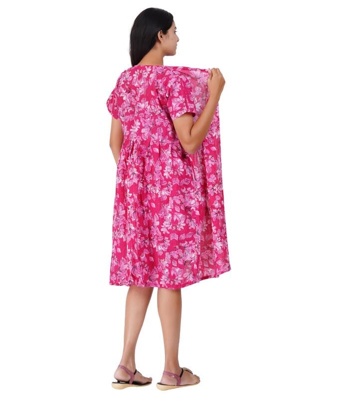 MENMAII Women's Pleated/AliaCut (L to 4XL)- Front Open/Button Down/Maternity/Feeding/Elderly/Hospital Use Short Length Dress -[Dark Pink ] - Image 2