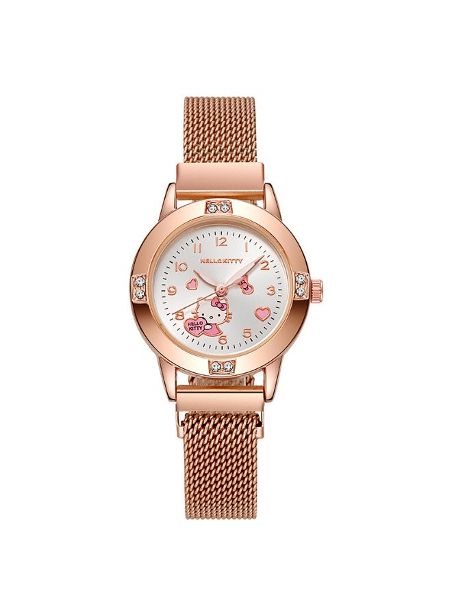 هالو كيتي ساعة Hello Kitty من سبائك الذهب الوردي للفتيات - ساعة يد كوارتز مقاومة للماء مع لمسات كريستالية لامعة، وتصميم ميناء على شكل قطة لطيفة، هدية عصرية/للاستخدام الشخصي - Image 1