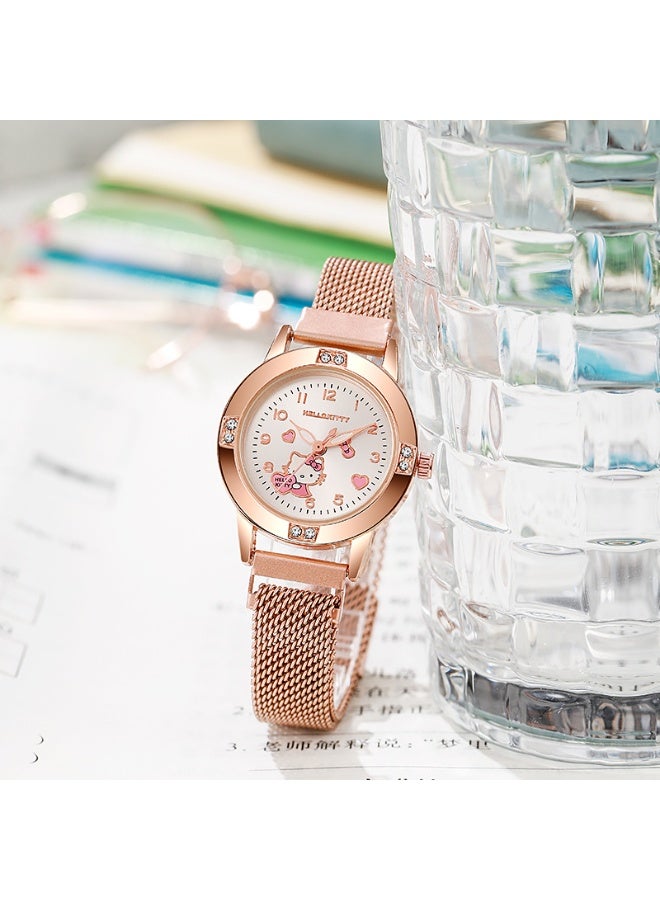 هالو كيتي ساعة Hello Kitty من سبائك الذهب الوردي للفتيات - ساعة يد كوارتز مقاومة للماء مع لمسات كريستالية لامعة، وتصميم ميناء على شكل قطة لطيفة، هدية عصرية/للاستخدام الشخصي - Image 2
