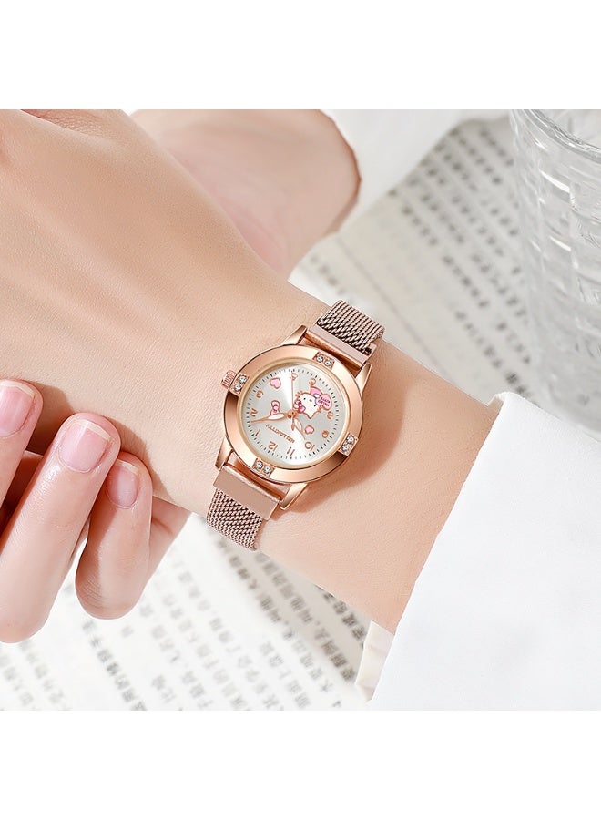 هالو كيتي ساعة Hello Kitty من سبائك الذهب الوردي للفتيات - ساعة يد كوارتز مقاومة للماء مع لمسات كريستالية لامعة، وتصميم ميناء على شكل قطة لطيفة، هدية عصرية/للاستخدام الشخصي - Image 3
