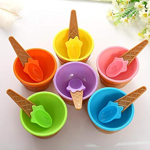 FAYBY 6 Pieces Ice Cream Solid Bowl with Spoon, Plastic BPA-Free Ice Cream Cone Shape Cup (Multicolor) - Image 2