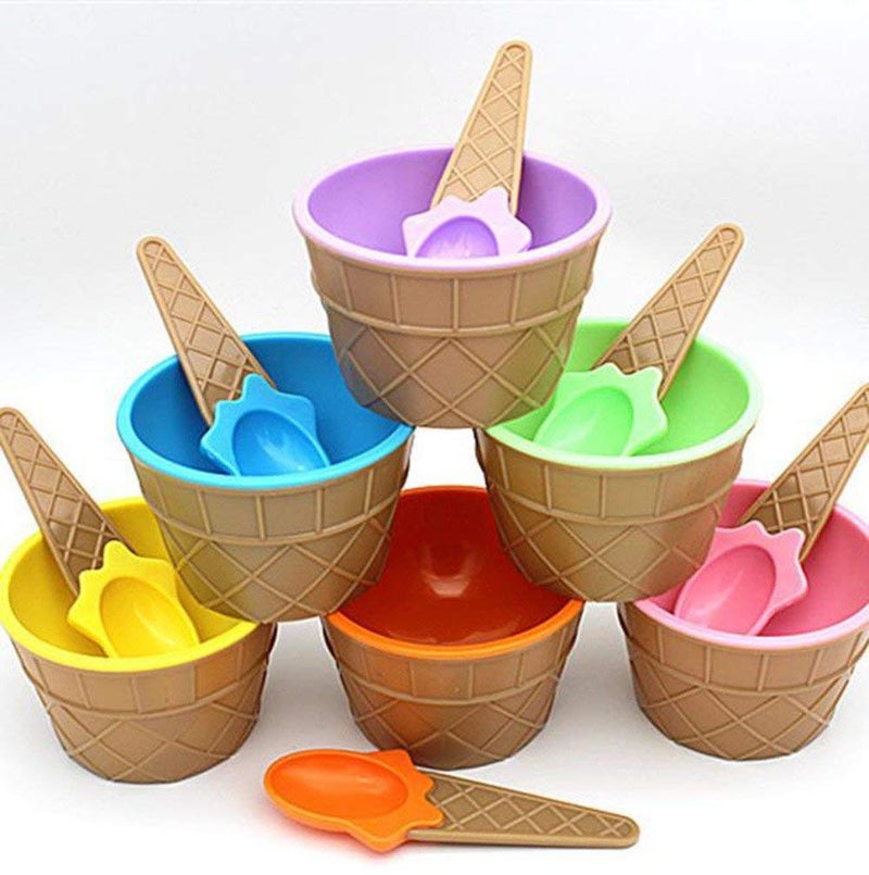 FAYBY 6 Pieces Ice Cream Solid Bowl with Spoon, Plastic BPA-Free Ice Cream Cone Shape Cup (Multicolor) - Image 1