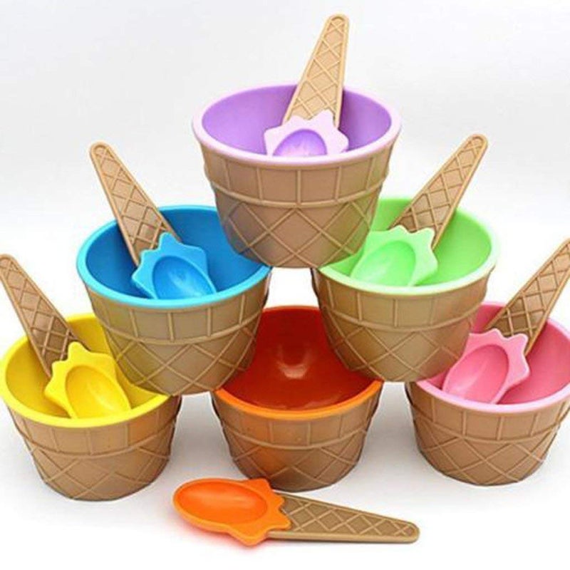 FAYBY 6 Pieces Ice Cream Solid Bowl with Spoon, Plastic BPA-Free Ice Cream Cone Shape Cup (Multicolor) - Image 3