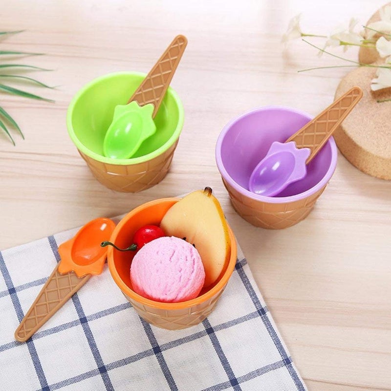 FAYBY 6 Pieces Ice Cream Solid Bowl with Spoon, Plastic BPA-Free Ice Cream Cone Shape Cup (Multicolor) - Image 4