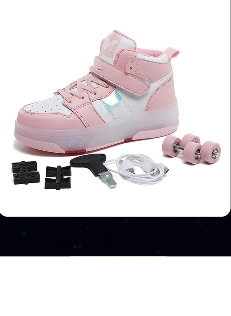 إسكدنيا USB Charging LED Flash Walking Shoes Boys And Girls Children Roller Skates Pink - Image 3